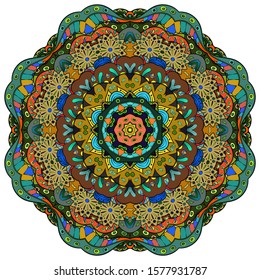 Mandala, tracery wheel mehndi design. Ethnic ornament, colorful doodle symmetry texture. Folk traditional spiritual tribal design. Curved shape, isolated on white. Color art. Vector