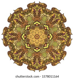 Mandala, tracery wheel mehndi design. Ethnic ornament, colorful doodle symmetry texture. Folk traditional spiritual tribal design. Curved shape, isolated on white. Color art. Vector