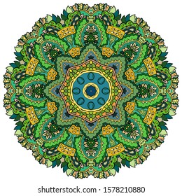 Mandala, tracery wheel mehndi design. Ethnic ornament, colorful doodle symmetry texture. Folk traditional spiritual tribal design. Curved shape, isolated on white. Color art. Vector