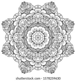 Mandala, tracery wheel mehndi design. Ethnic ornament, doodle symmetry texture. Folk traditional spiritual tribal design. Curved shape, isolated on white. Binary monochrome black and white art. Vector