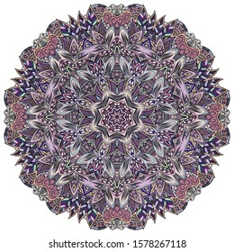 Mandala, tracery wheel mehndi design. Ethnic ornament, colorful doodle symmetry texture. Folk traditional spiritual tribal design. Curved shape, isolated on white. Color art. Vector