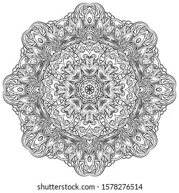 Mandala, tracery wheel mehndi design. Ethnic ornament, doodle symmetry texture. Folk traditional spiritual tribal design. Curved shape, isolated on white. Binary monochrome black and white art. Vector