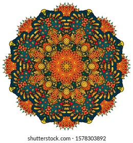 Mandala, tracery wheel mehndi design. Ethnic ornament, colorful doodle symmetry texture. Folk traditional spiritual tribal design. Curved shape, isolated on white. Color art. Vector