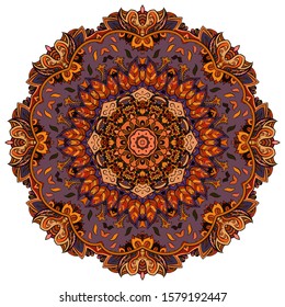 Mandala, tracery wheel mehndi design. Ethnic ornament, colorful doodle symmetry texture. Folk traditional spiritual tribal design. Curved shape, isolated on white. Color art. Vector