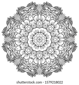 Mandala, tracery wheel mehndi design. Ethnic ornament, doodle symmetry texture. Folk traditional spiritual tribal design. Curved shape, isolated on white. Binary monochrome black and white art. Vector