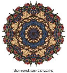 Mandala, tracery wheel mehndi design. Ethnic ornament, colorful doodle symmetry texture. Folk traditional spiritual tribal design. Curved shape, isolated on white. Color art. Vector