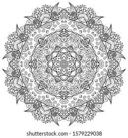 Mandala, tracery wheel mehndi design. Ethnic ornament, doodle symmetry texture. Folk traditional spiritual tribal design. Curved shape, isolated on white. Binary monochrome black and white art. Vector