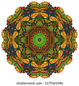 Mandala, tracery wheel mehndi design. Ethnic ornament, colorful doodle symmetry texture. Folk traditional spiritual tribal design. Curved shape, isolated on white. Color art. Vector