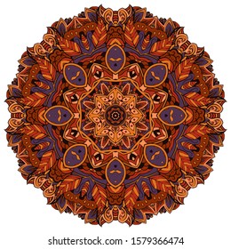 Mandala, tracery wheel mehndi design. Ethnic ornament, colorful doodle symmetry texture. Folk traditional spiritual tribal design. Curved shape, isolated on white. Color art. Vector