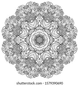 Mandala, tracery wheel mehndi design. Ethnic ornament, doodle symmetry texture. Folk traditional spiritual tribal design. Curved shape, isolated on white. Binary monochrome black and white art. Vector