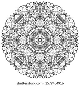 Mandala, tracery wheel mehndi design. Ethnic ornament, doodle symmetry texture. Folk traditional spiritual tribal design. Curved shape, isolated on white. Binary monochrome black and white art. Vector