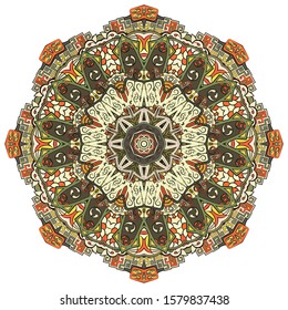 Mandala, tracery wheel mehndi design. Ethnic ornament, colorful doodle symmetry texture. Folk traditional spiritual tribal design. Curved shape, isolated on white. Color art. Vector