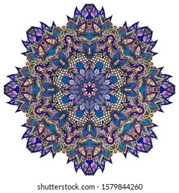 Mandala, tracery wheel mehndi design. Ethnic ornament, colorful doodle symmetry texture. Folk traditional spiritual tribal design. Curved shape, isolated on white. Color art. Vector