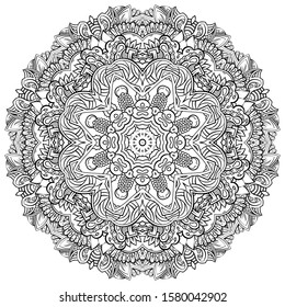 Mandala, tracery wheel mehndi design. Ethnic ornament, doodle symmetry texture. Folk traditional spiritual tribal design. Curved shape, isolated on white. Binary monochrome black and white art. Vector