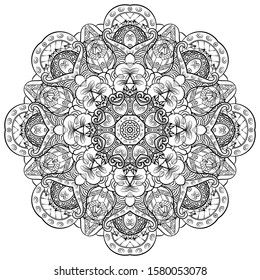 Mandala, tracery wheel mehndi design. Ethnic ornament, doodle symmetry texture. Folk traditional spiritual tribal design. Curved shape, isolated on white. Binary monochrome black and white art. Vector