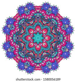 Mandala, tracery wheel mehndi design. Ethnic ornament, colorful doodle symmetry texture. Folk traditional spiritual tribal design. Curved shape, isolated on white. Color art. Vector