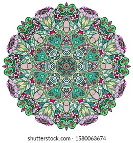 Mandala, tracery wheel mehndi design. Ethnic ornament, colorful doodle symmetry texture. Folk traditional spiritual tribal design. Curved shape, isolated on white. Color art. Vector
