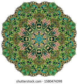 Mandala, tracery wheel mehndi design. Ethnic ornament, colorful doodle symmetry texture. Folk traditional spiritual tribal design. Curved shape, isolated on white. Color art. Vector