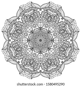 Mandala, tracery wheel mehndi design. Ethnic ornament, doodle symmetry texture. Folk traditional spiritual tribal design. Curved shape, isolated on white. Binary monochrome black and white art. Vector