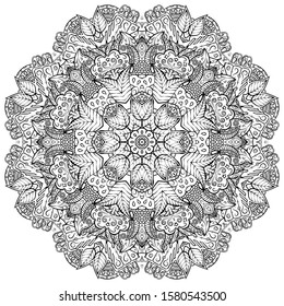 Mandala, tracery wheel mehndi design. Ethnic ornament, doodle symmetry texture. Folk traditional spiritual tribal design. Curved shape, isolated on white. Binary monochrome black and white art. Vector