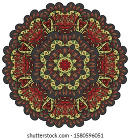 Mandala, tracery wheel mehndi design. Ethnic ornament, colorful doodle symmetry texture. Folk traditional spiritual tribal design. Curved shape, isolated on white. Color art. Vector