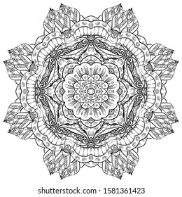 Mandala, tracery wheel mehndi design. Ethnic ornament, doodle symmetry texture. Folk traditional spiritual tribal design. Curved shape, isolated on white. Binary monochrome black and white art. Vector