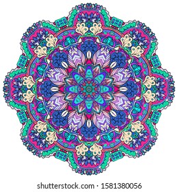 Mandala, tracery wheel mehndi design. Ethnic ornament, colorful doodle symmetry texture. Folk traditional spiritual tribal design. Curved shape, isolated on white. Color art. Vector