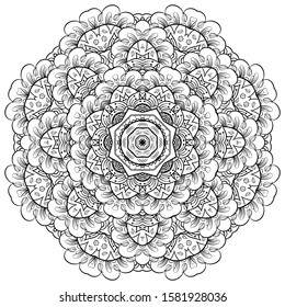 Mandala, tracery wheel mehndi design. Ethnic ornament, doodle symmetry texture. Folk traditional spiritual tribal design. Curved shape, isolated on white. Binary monochrome black and white art. Vector