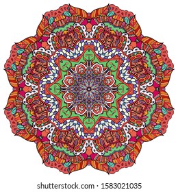 Mandala, tracery wheel mehndi design. Ethnic ornament, colorful doodle symmetry texture. Folk traditional spiritual tribal design. Curved shape, isolated on white. Color art. Vector
