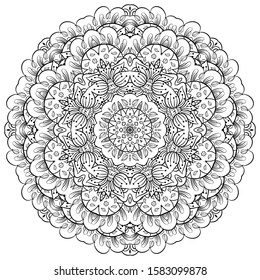 Mandala, tracery wheel mehndi design. Ethnic ornament, doodle symmetry texture. Folk traditional spiritual tribal design. Curved shape, isolated on white. Binary monochrome black and white art. Vector