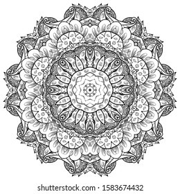 Mandala, tracery wheel mehndi design. Ethnic ornament, doodle symmetry texture. Folk traditional spiritual tribal design. Curved shape, isolated on white. Binary monochrome black and white art. Vector