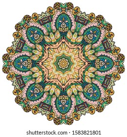 Mandala, tracery wheel mehndi design. Ethnic ornament, colorful doodle symmetry texture. Folk traditional spiritual tribal design. Curved shape, isolated on white. Color art. Vector