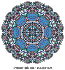 Mandala, tracery wheel mehndi design. Ethnic ornament, colorful doodle symmetry texture. Folk traditional spiritual tribal design. Curved shape, isolated on white. Color art. Vector