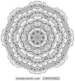 Mandala, tracery wheel mehndi design. Ethnic ornament, doodle symmetry texture. Folk traditional spiritual tribal design. Curved shape, isolated on white. Binary monochrome black and white art. Vector