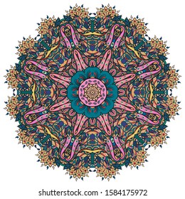 Mandala, tracery wheel mehndi design. Ethnic ornament, colorful doodle symmetry texture. Folk traditional spiritual tribal design. Curved shape, isolated on white. Color art. Vector