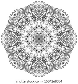 Mandala, tracery wheel mehndi design. Ethnic ornament, doodle symmetry texture. Folk traditional spiritual tribal design. Curved shape, isolated on white. Binary monochrome black and white art. Vector