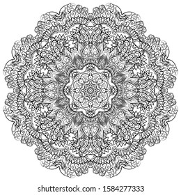 Mandala, tracery wheel mehndi design. Ethnic ornament, doodle symmetry texture. Folk traditional spiritual tribal design. Curved shape, isolated on white. Binary monochrome black and white art. Vector