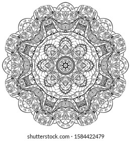 Mandala, tracery wheel mehndi design. Ethnic ornament, doodle symmetry texture. Folk traditional spiritual tribal design. Curved shape, isolated on white. Binary monochrome black and white art. Vector