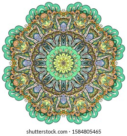 Mandala, tracery wheel mehndi design. Ethnic ornament, colorful doodle symmetry texture. Folk traditional spiritual tribal design. Curved shape, isolated on white. Color art. Vector