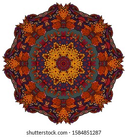 Mandala, tracery wheel mehndi design. Ethnic ornament, colorful doodle symmetry texture. Folk traditional spiritual tribal design. Curved shape, isolated on white. Color art. Vector