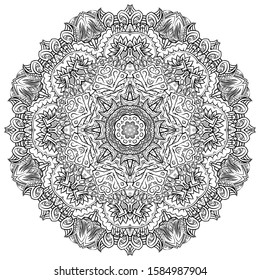 Mandala, tracery wheel mehndi design. Ethnic ornament, doodle symmetry texture. Folk traditional spiritual tribal design. Curved shape, isolated on white. Binary monochrome black and white art. Vector