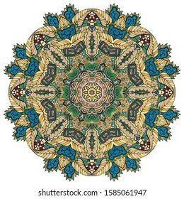 Mandala, tracery wheel mehndi design. Ethnic ornament, colorful doodle symmetry texture. Folk traditional spiritual tribal design. Curved shape, isolated on white. Color art. Vector
