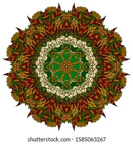 Mandala, tracery wheel mehndi design. Ethnic ornament, colorful doodle symmetry texture. Folk traditional spiritual tribal design. Curved shape, isolated on white. Color art. Vector
