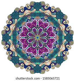 Mandala, tracery wheel mehndi design. Ethnic ornament, colorful doodle symmetry texture. Folk traditional spiritual tribal design. Curved shape, isolated on white. Color art. Vector