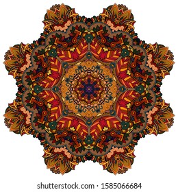 Mandala, tracery wheel mehndi design. Ethnic ornament, colorful doodle symmetry texture. Folk traditional spiritual tribal design. Curved shape, isolated on white. Color art. Vector