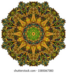 Mandala, tracery wheel mehndi design. Ethnic ornament, colorful doodle symmetry texture. Folk traditional spiritual tribal design. Curved shape, isolated on white. Color art. Vector