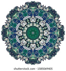 Mandala, tracery wheel mehndi design. Ethnic ornament, colorful doodle symmetry texture. Folk traditional spiritual tribal design. Curved shape, isolated on white. Color art. Vector