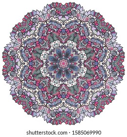 Mandala, tracery wheel mehndi design. Ethnic ornament, colorful doodle symmetry texture. Folk traditional spiritual tribal design. Curved shape, isolated on white. Color art. Vector