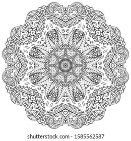 Mandala, tracery wheel mehndi design. Ethnic ornament, doodle symmetry texture. Folk traditional spiritual tribal design. Curved shape, isolated on white. Binary monochrome black and white art. Vector