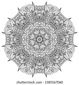 Mandala, tracery wheel mehndi design. Ethnic ornament, doodle symmetry texture. Folk traditional spiritual tribal design. Curved shape, isolated on white. Binary monochrome black and white art. Vector